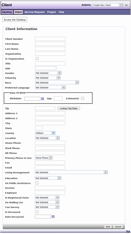 Create new client form