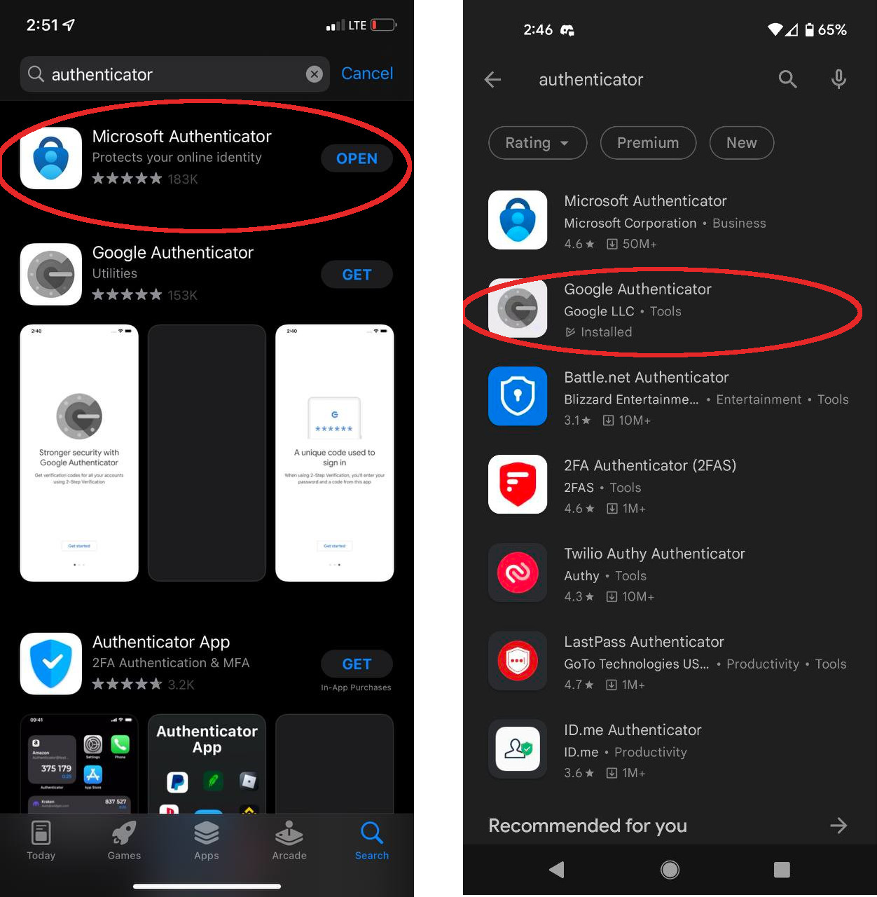 iOS and Android app store screenshots of searching for "authenticator" with Google and Microsoft's authenticators highlighted