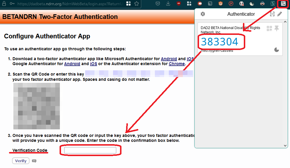 Screenshot of workflow of getting and entering code from authenticator