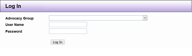 The DAD login screen. It has an "advocacy group" dropdown, "username" and "password" fields, and a "login" button.